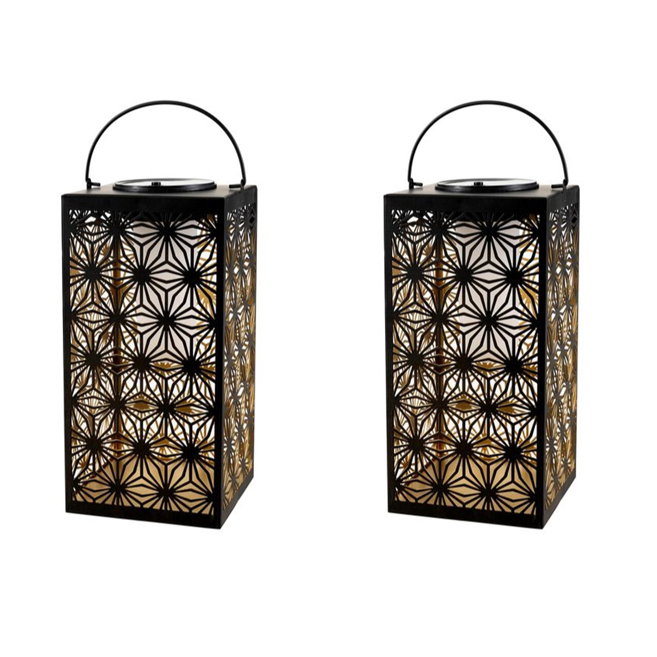 Set of 2 11"H Black Metal Cutout Pattern Solar Powered Hanging Lantern with LED Light